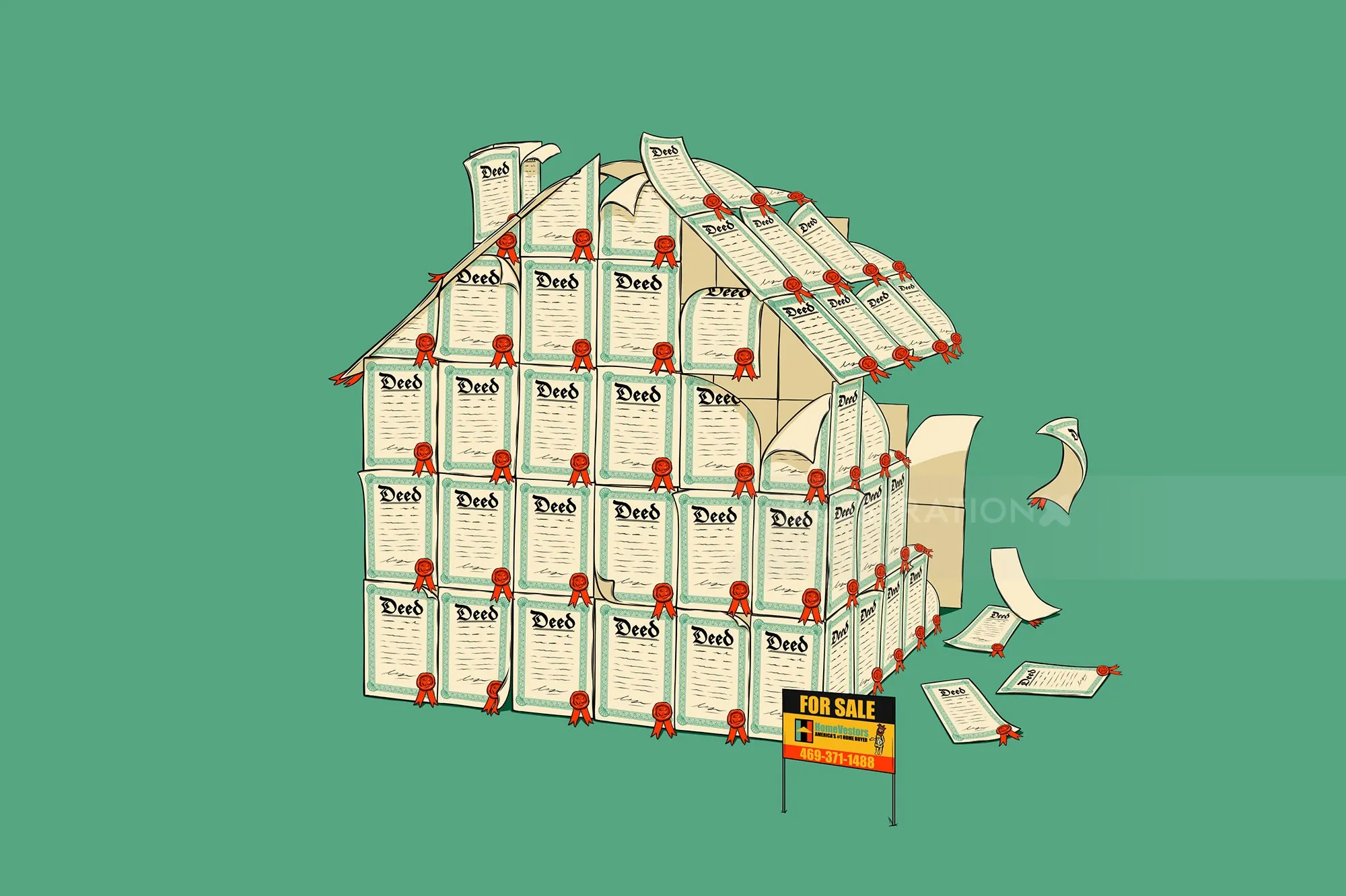 House made of stacked legal documents with a for sale sign