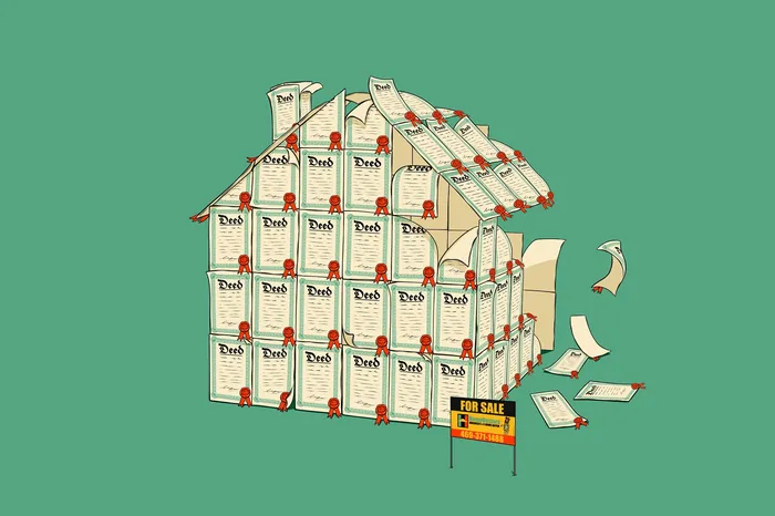 House made of stacked legal documents with a for sale sign