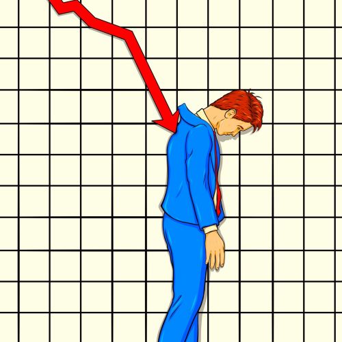 Illustration eines Mannes, der an einem fallenden roten Aktienkursdiagramm mit dem Hals hängt, von Max Erwin