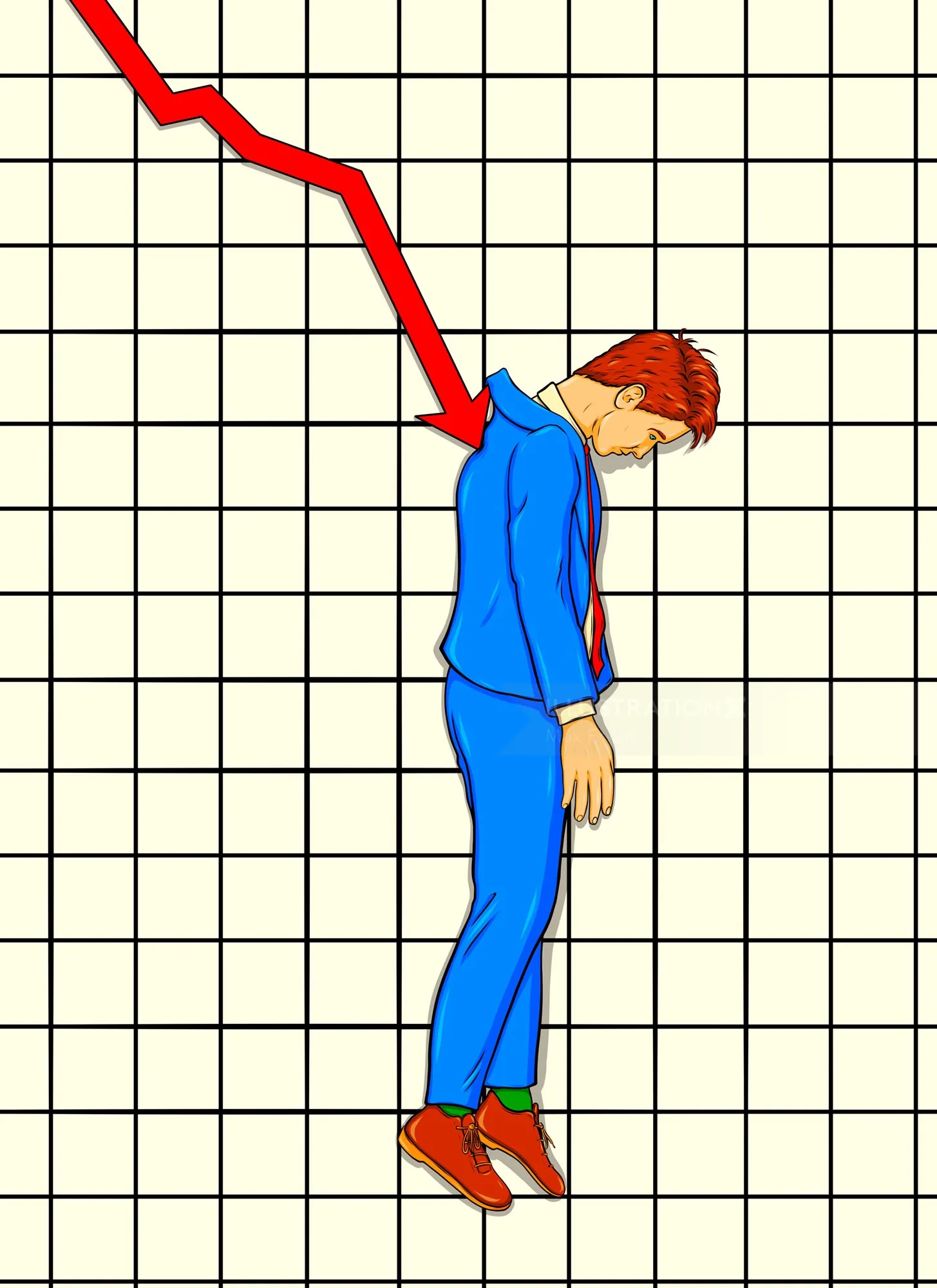 Illustration of man hanging from falling red stock graph by neck, by Max Erwin