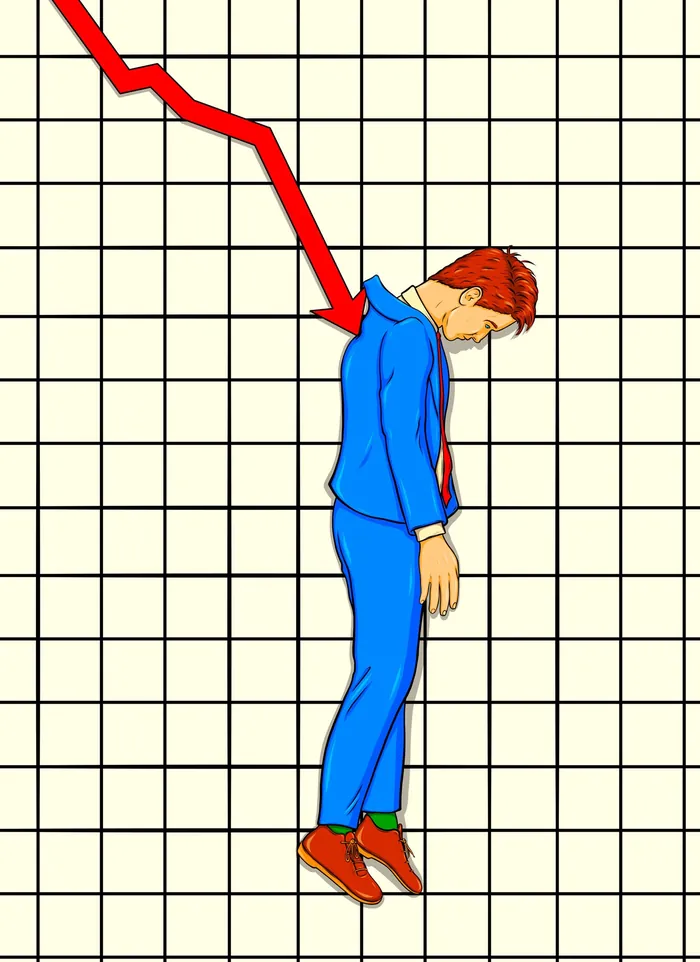 Illustration of man hanging from falling red stock graph by neck, by Max Erwin
