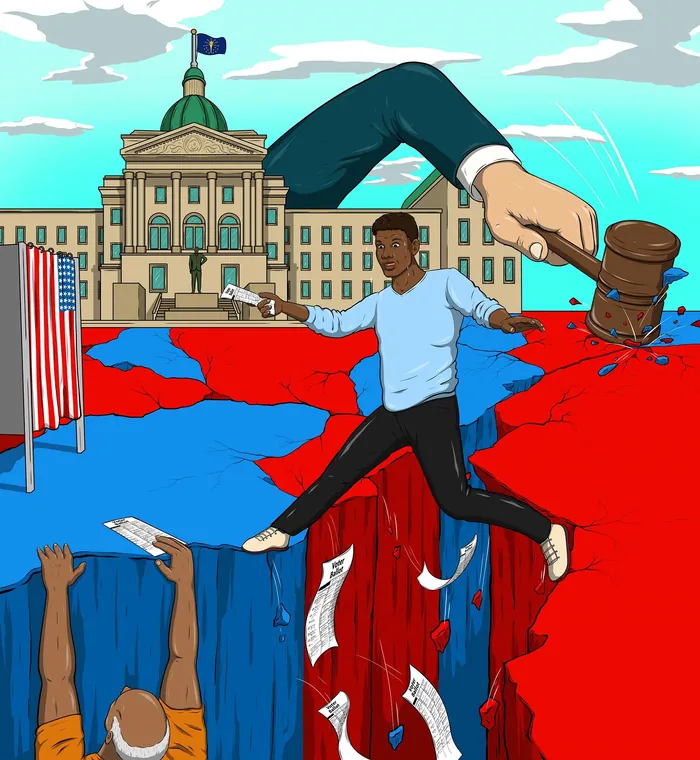 Illustration of a man jumping over a political redistricting gap with a gavel over state building by