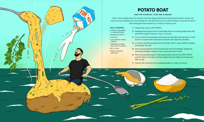 Illustration of a person sitting on a giant potato boat in the sea by Max Erwin