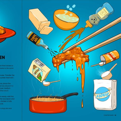 Illustration of honey butter fried chicken recipe with ingredients and instructions by Max Erwin