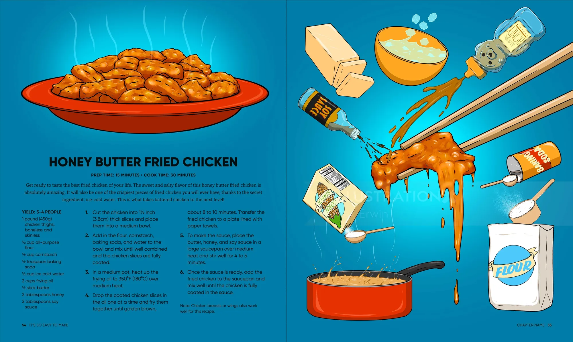 Illustration of honey butter fried chicken recipe with ingredients and instructions by Max Erwin