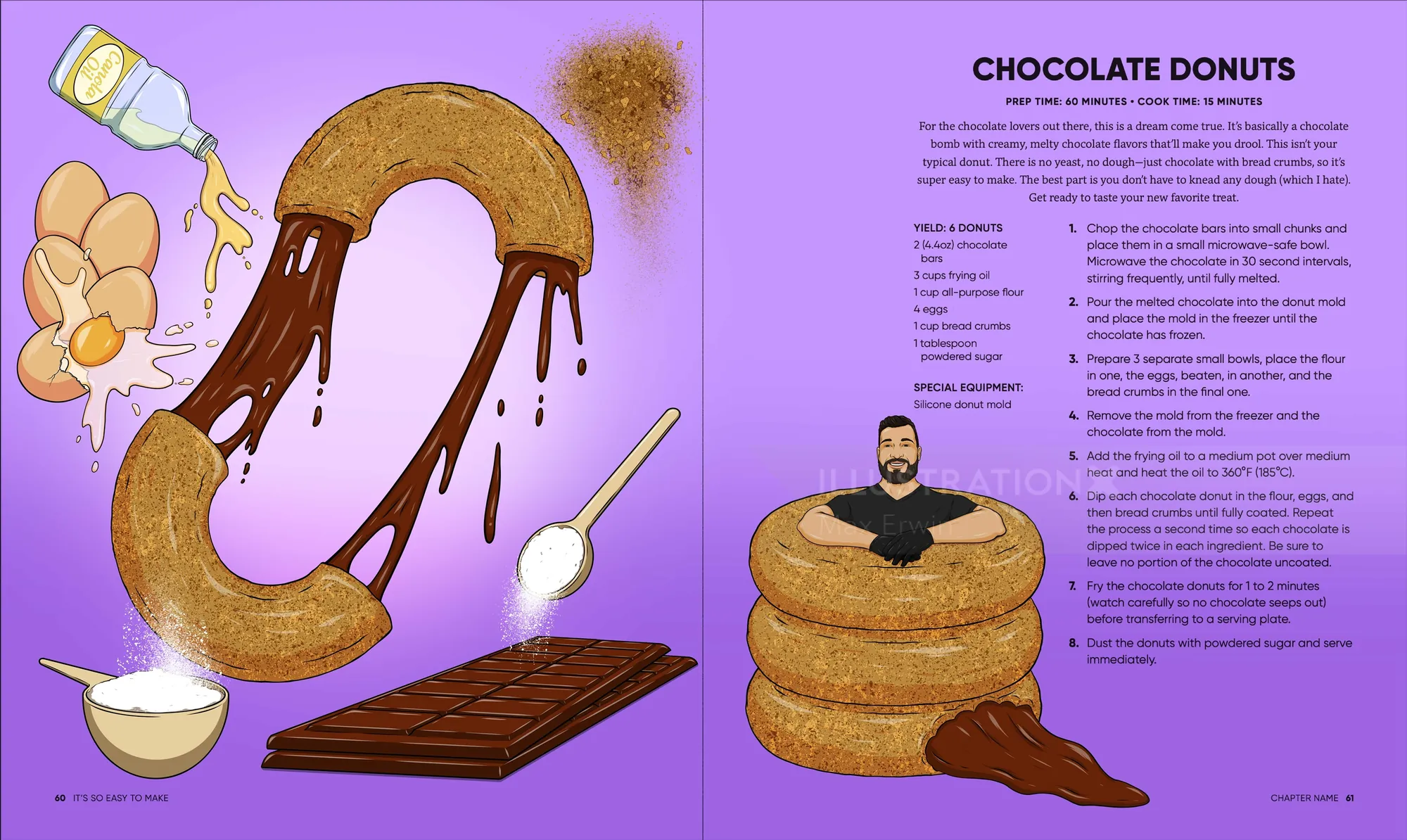 Illustrated recipe for chocolate donuts by Max Erwin