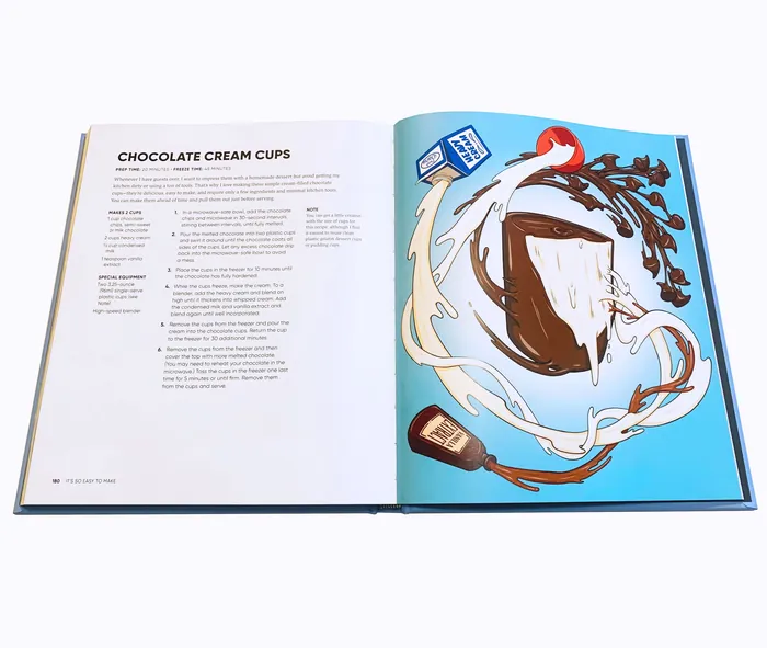 Open cookbook showing Chocolate Cream Cups recipe and colorful illustration by Max Erwin
