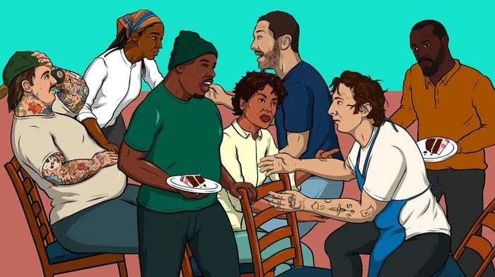 Illustration of diverse group dining, Max Erwin art