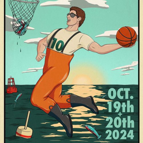 Max Erwin poster of basketball player dunking at sunset near lighthouse