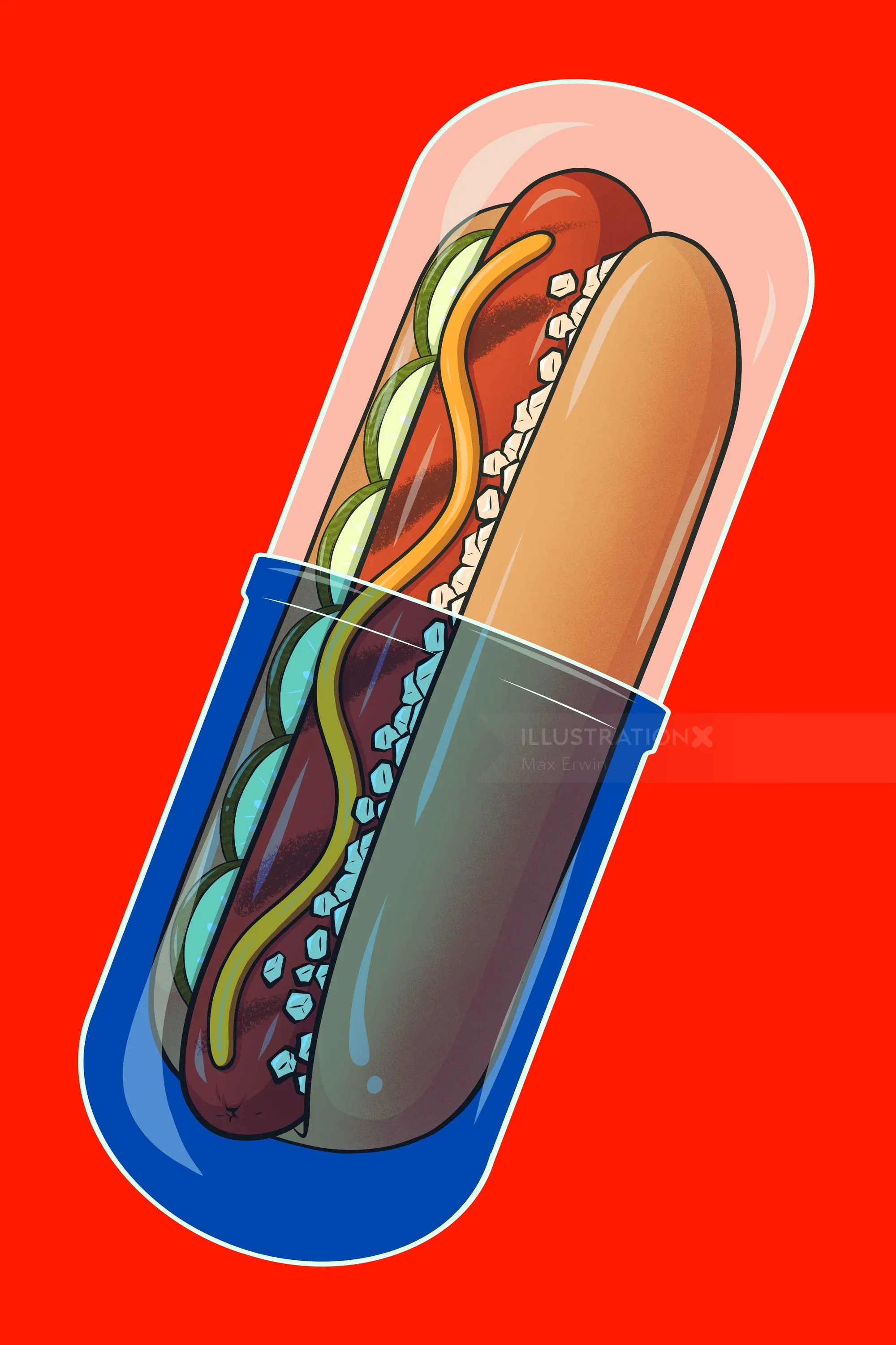 Illustration of a hot dog inside a blue capsule by Max Erwin