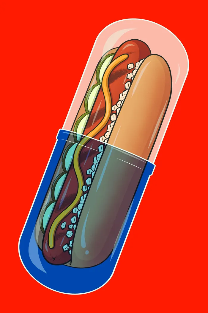 Illustration of a hot dog inside a blue capsule by Max Erwin