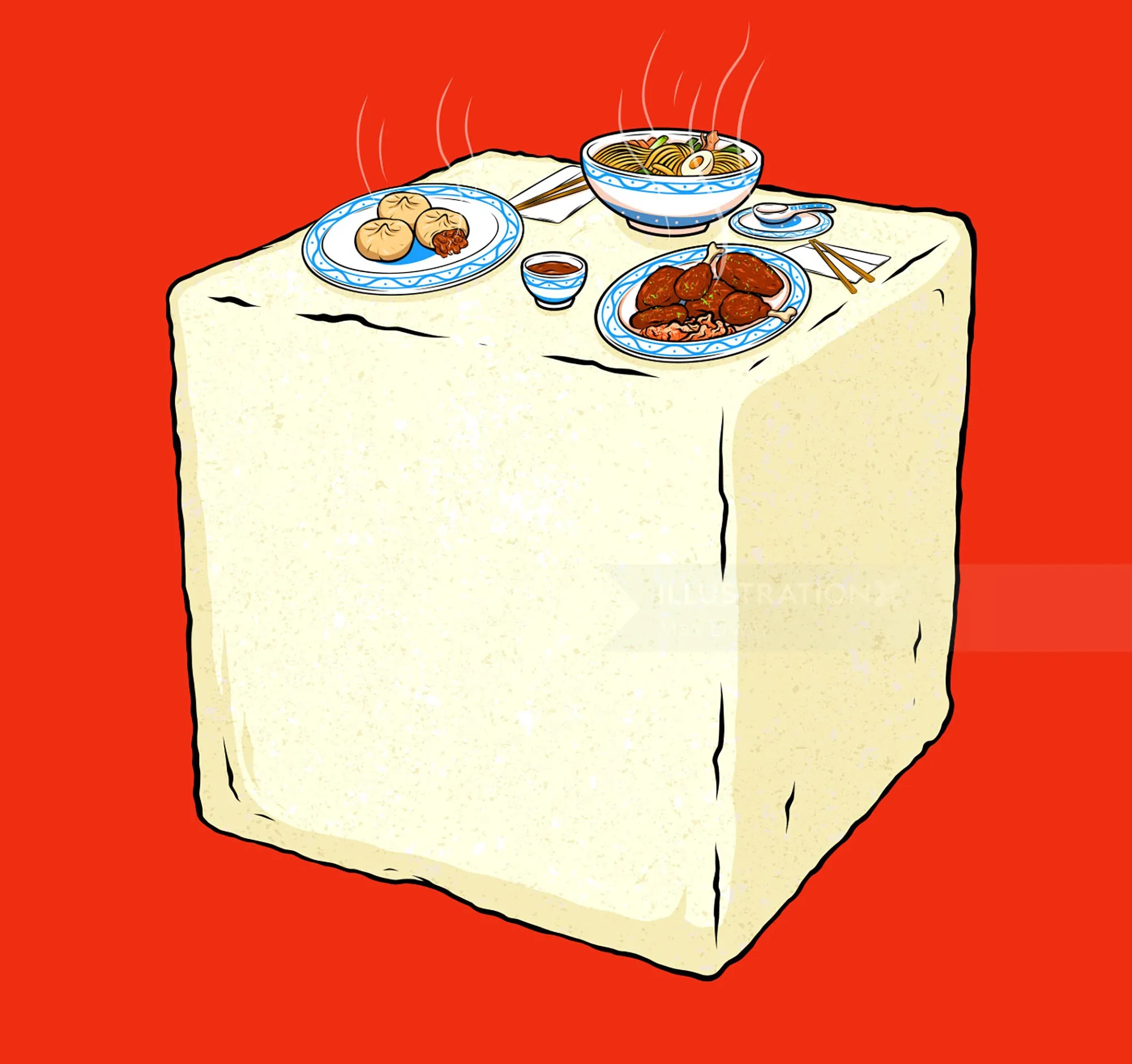 Cubed tofu with three Asian dishes on top by Max Erwin