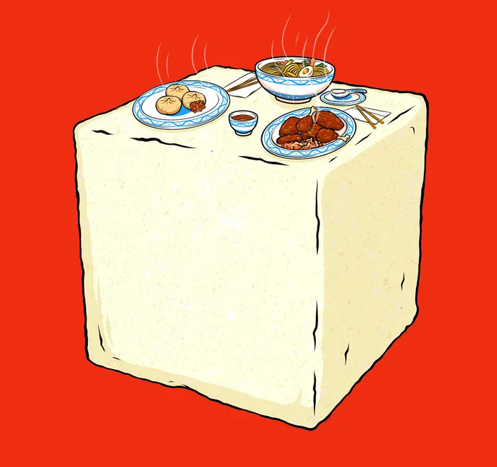 Cubed tofu with three Asian dishes on top by Max Erwin