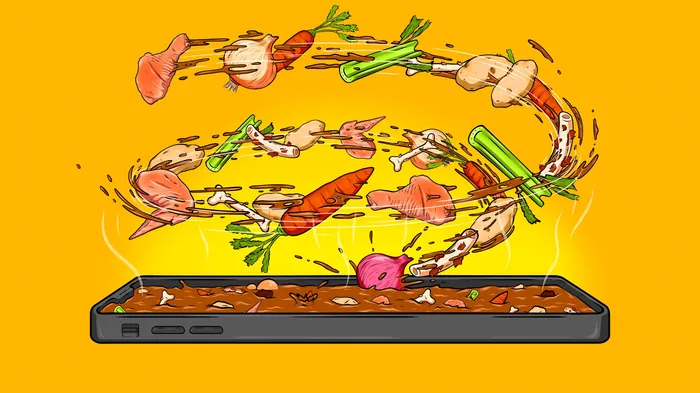 Illustration of stew ingredients floating above a smartphone by Max Erwin