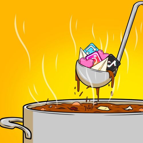 Illustration of a ladle holding social media icons over a steaming pot of stew by Max Erwin
