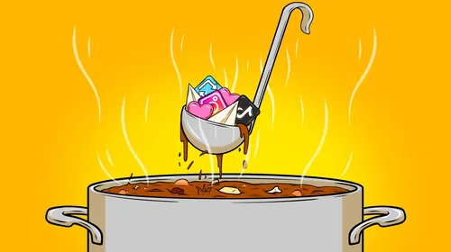 Illustration of a ladle holding social media icons over a steaming pot of stew by Max Erwin