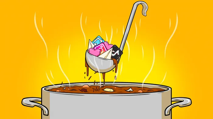 Illustration of a ladle holding social media icons over a steaming pot of stew by Max Erwin