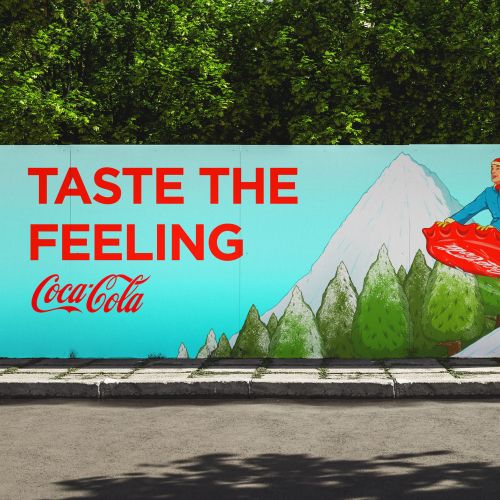 Mural with Coca-Cola Taste The Feeling slogan and animation by Max Erwin