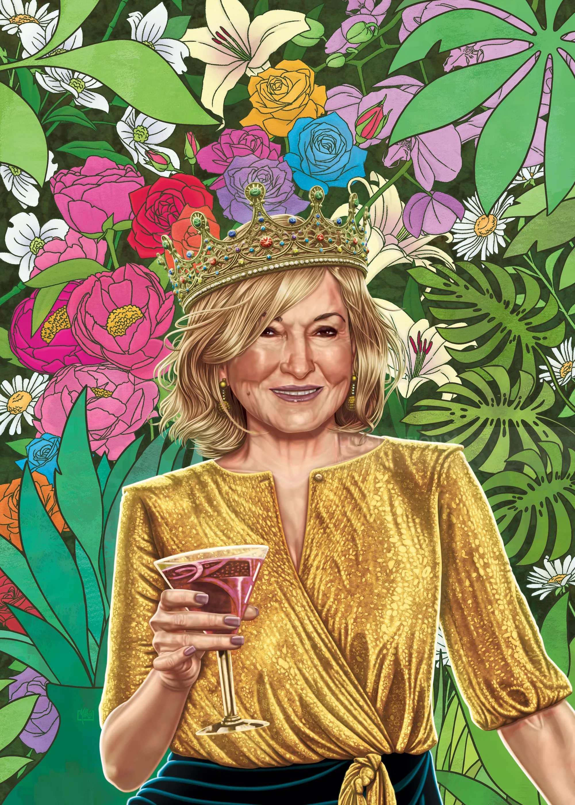Max Marin illustration of Martha Stewart holding a drink among tropical flowers