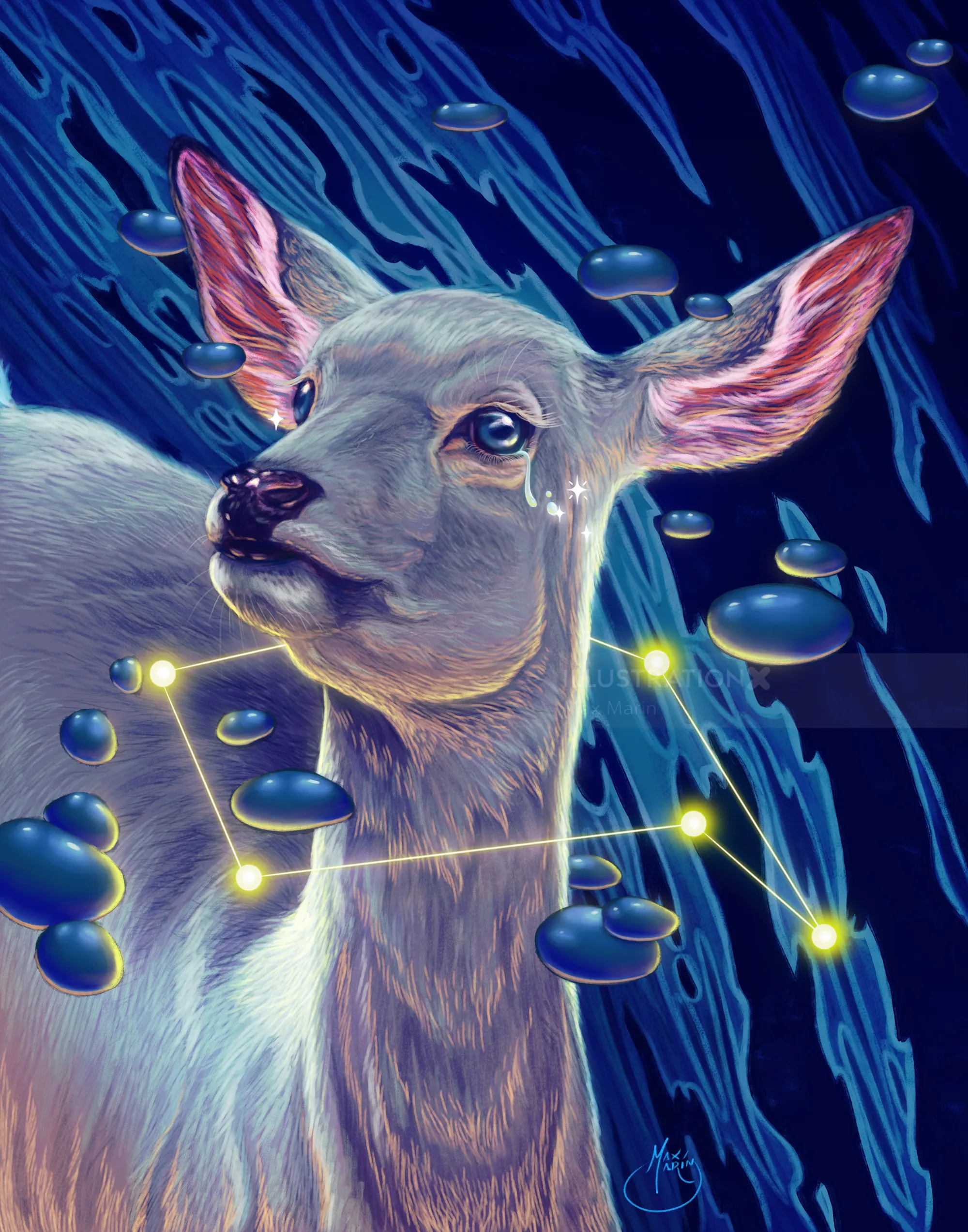 Max Marin illustration of a luminous deer surrounded by floating blue forms