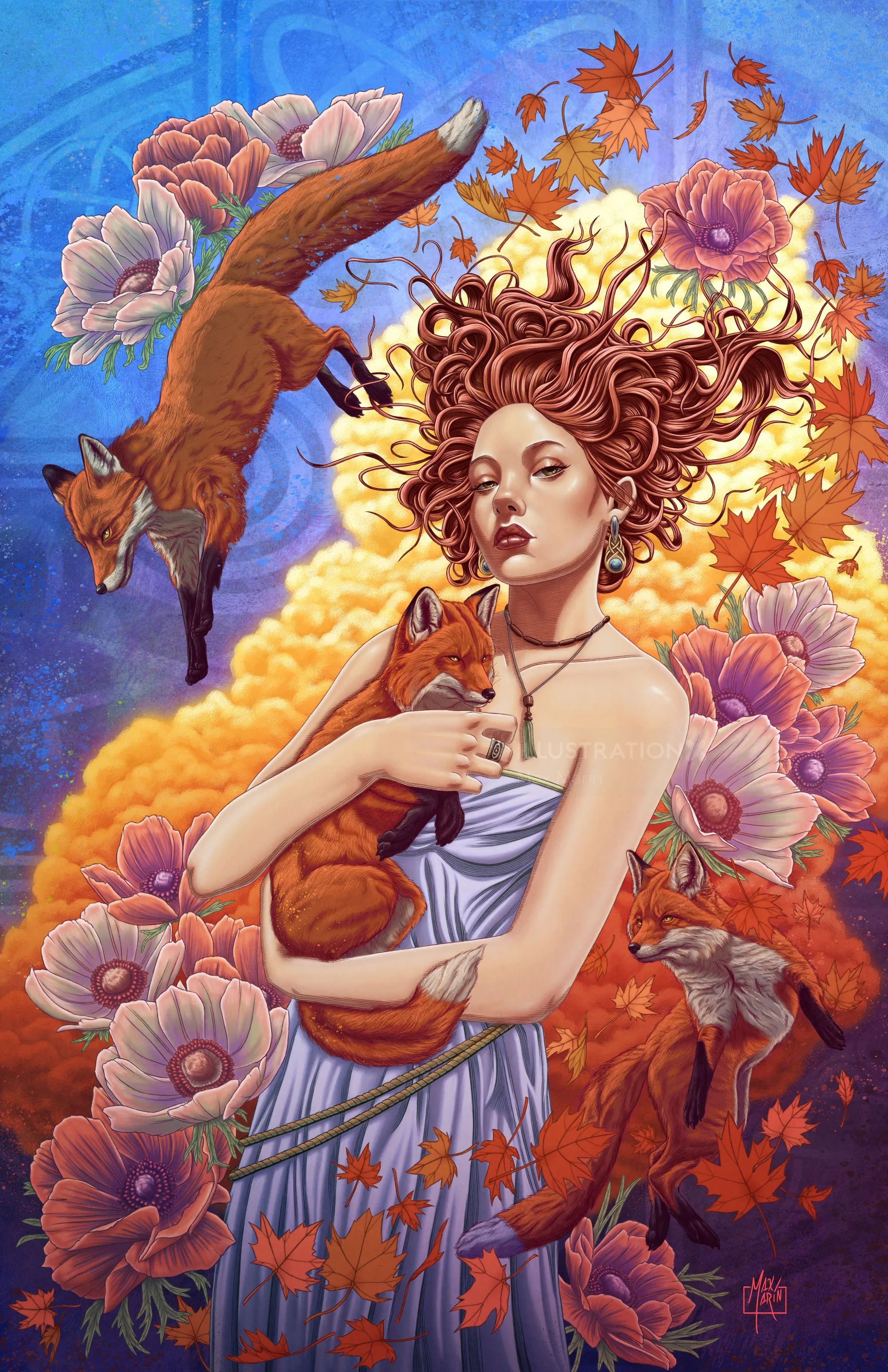 Max Marin artwork showing a woman surrounded by flowers and a dragon