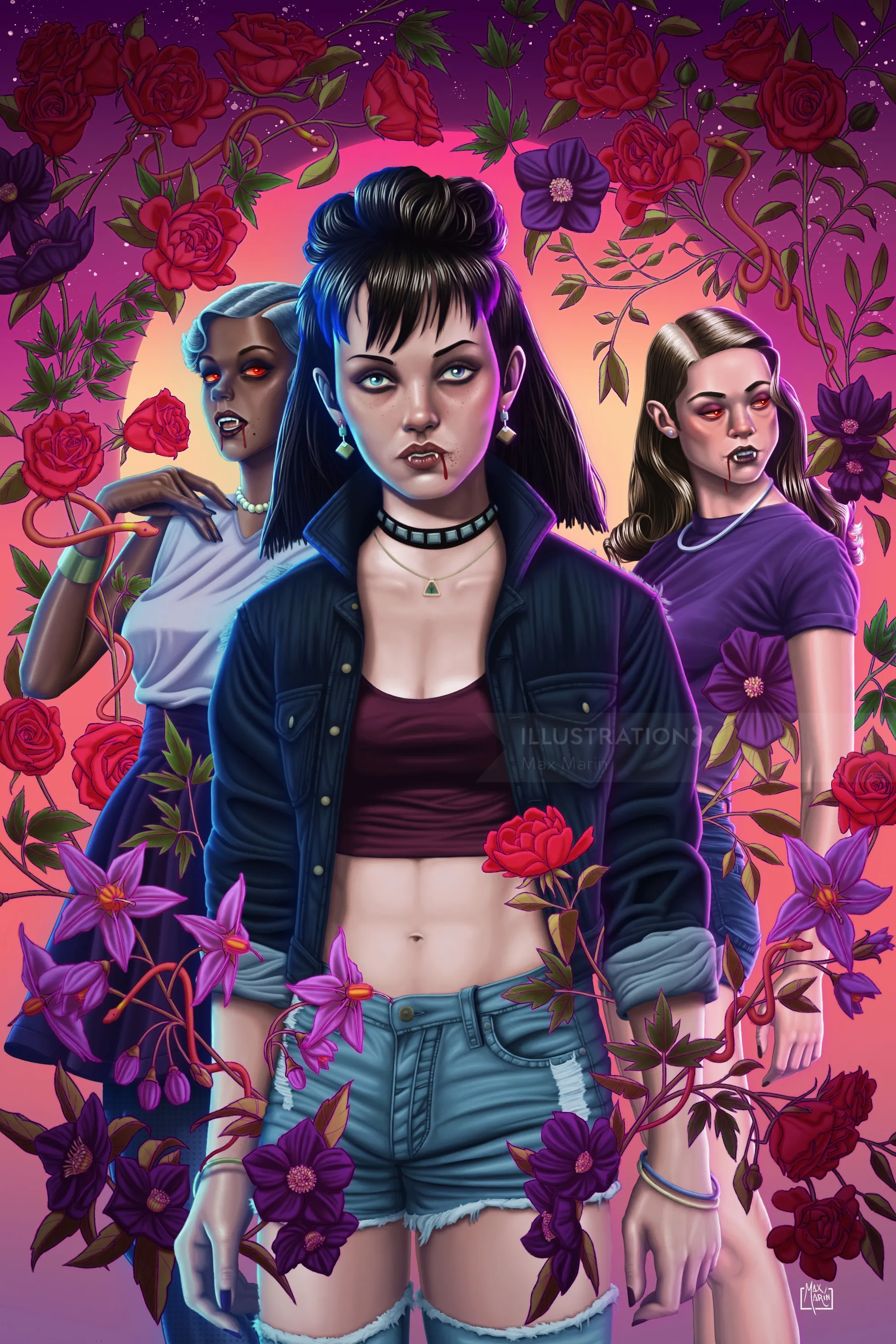 Max Marin artwork showing three girls surrounded by colorful flowers