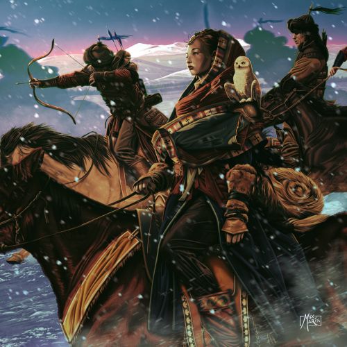 Max Marin artwork of Mongolian riders escorting a woman through snowy waters