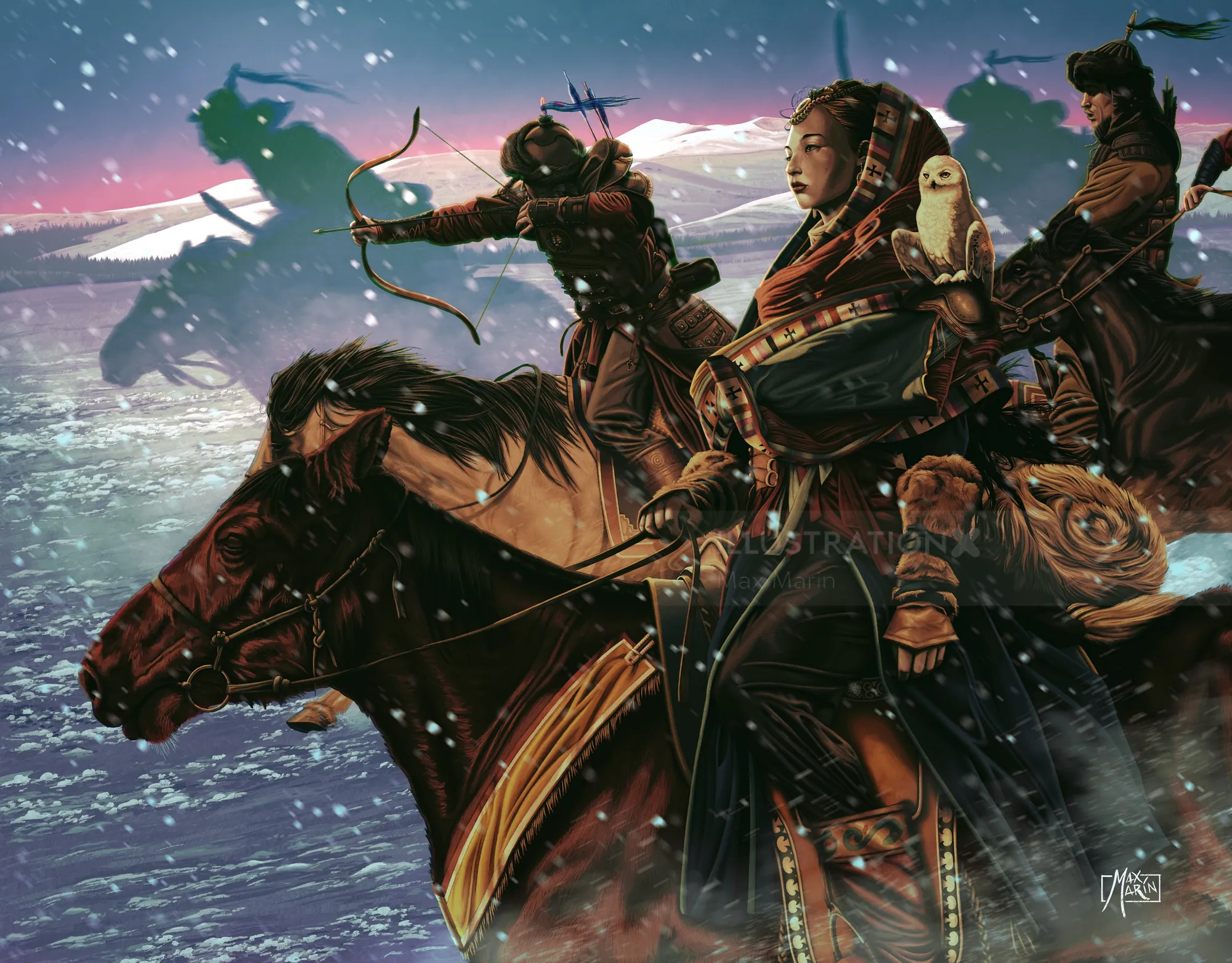 Max Marin artwork of Mongolian riders escorting a woman through snowy waters