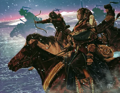 Max Marin artwork of Mongolian riders escorting a woman through snowy waters