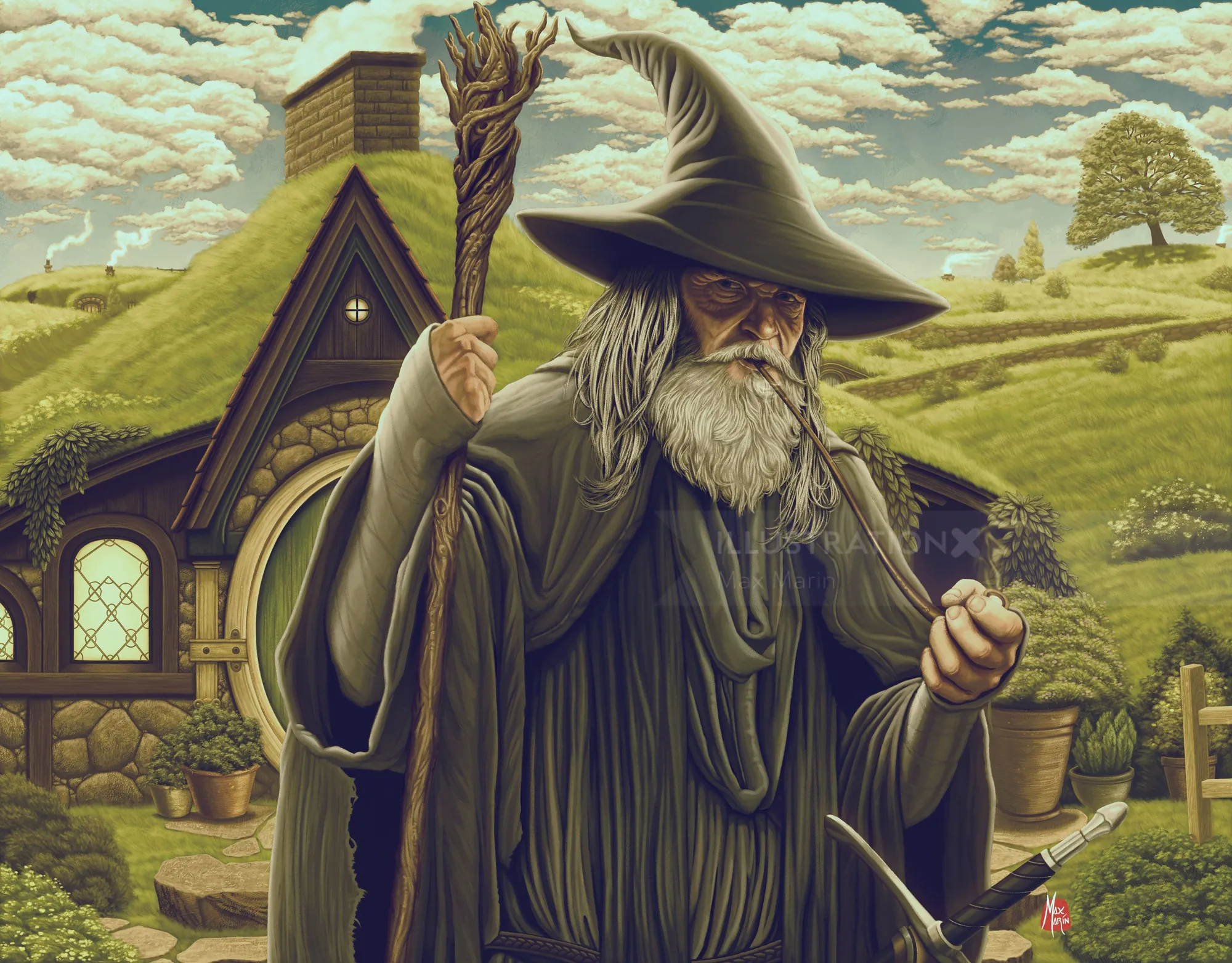 Gandalf the Grey by Max Marin holding a staff in a pastoral village