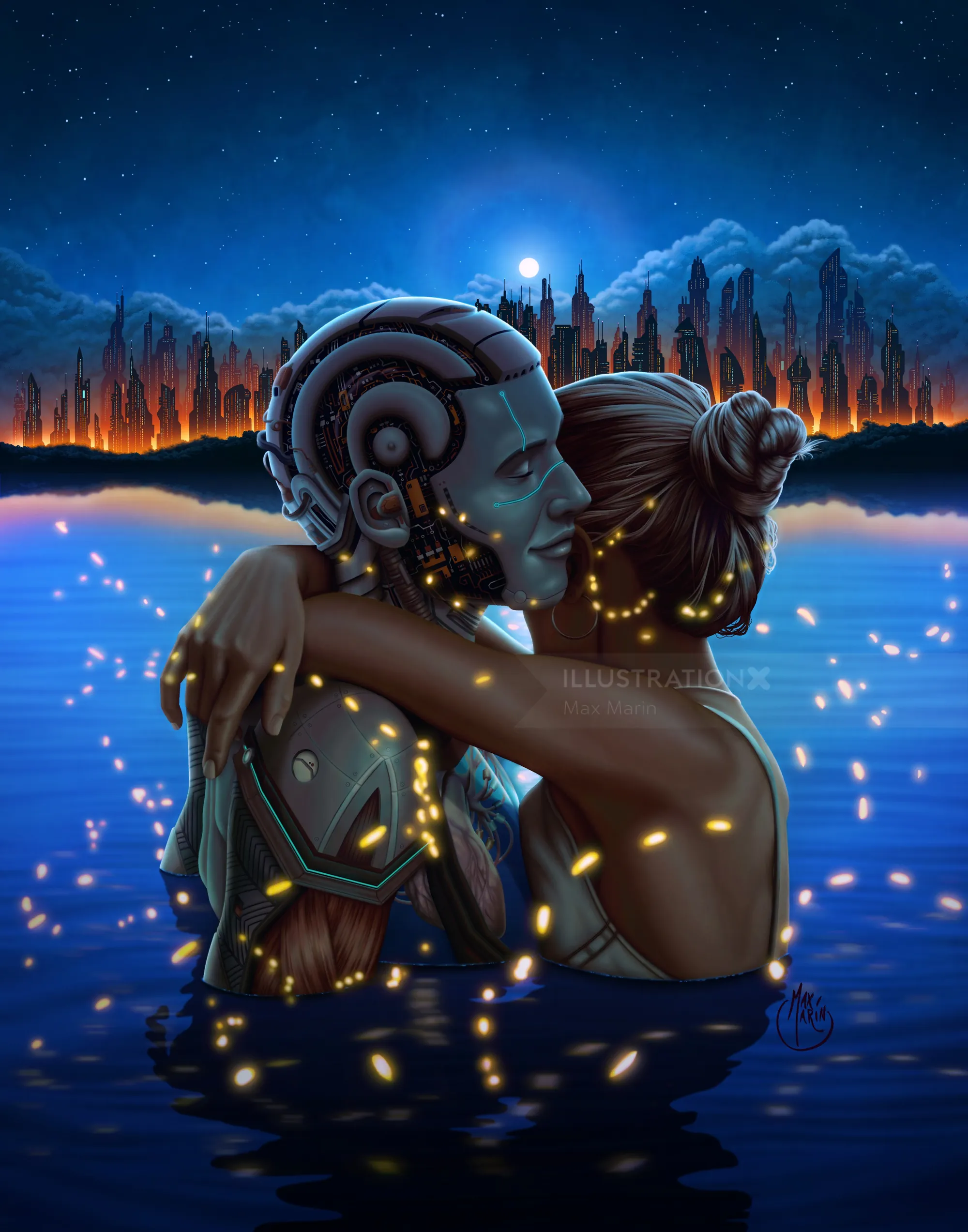 Max Marin artwork showing a mechanical couple embracing in a moonlit lake
