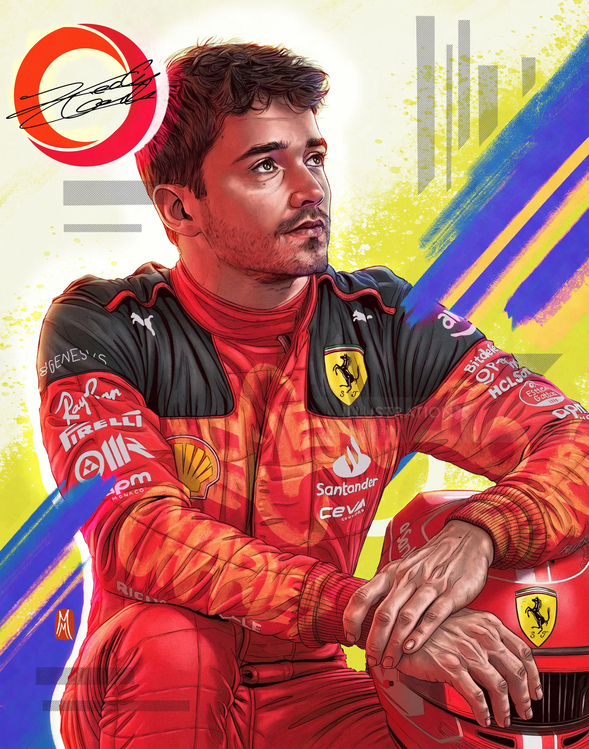 Illustration by Max Marin of Charles Leclerc in a Ferrari racing suit