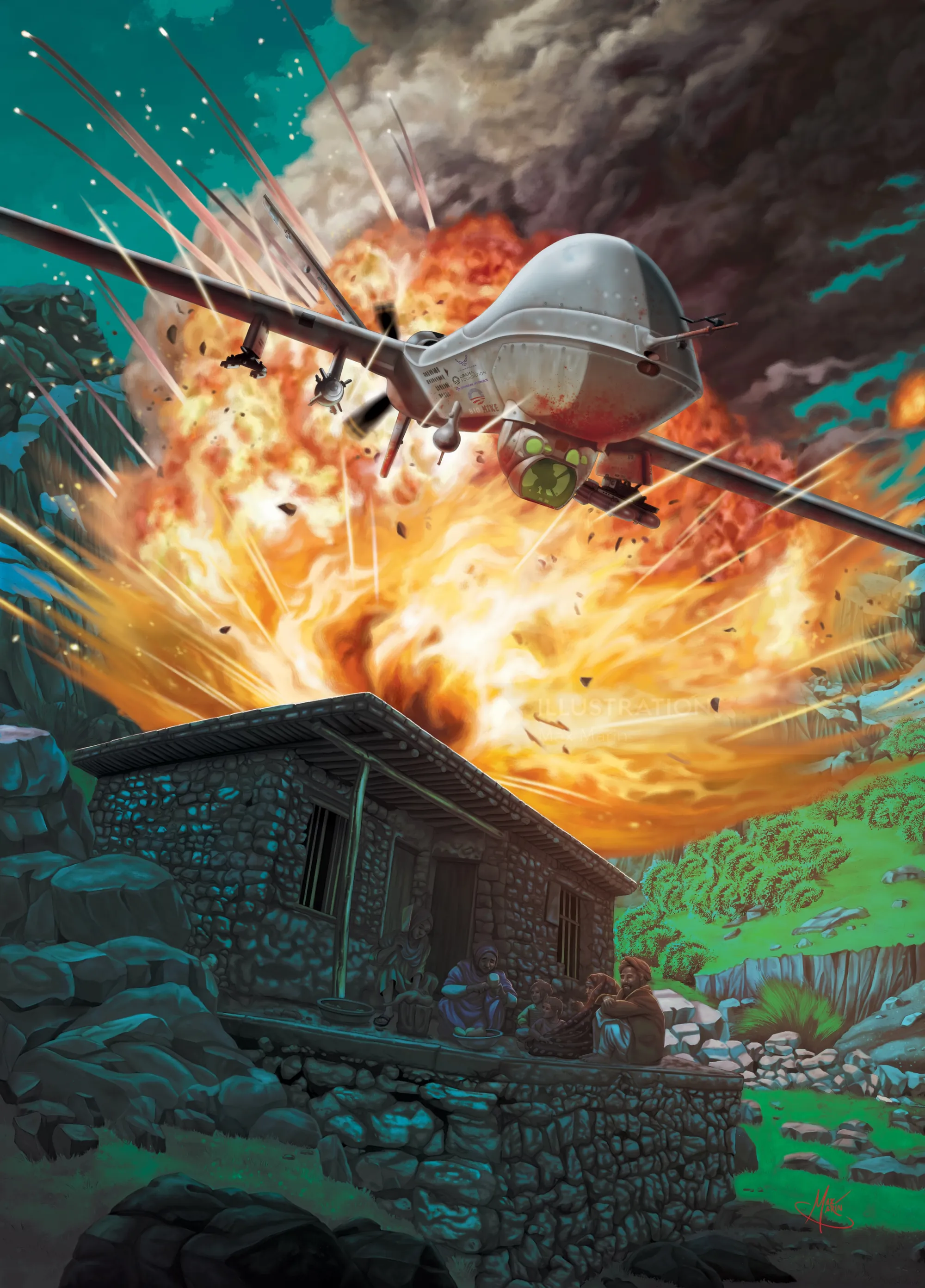 Max Marin artwork showing a drone flying over an exploding stone house