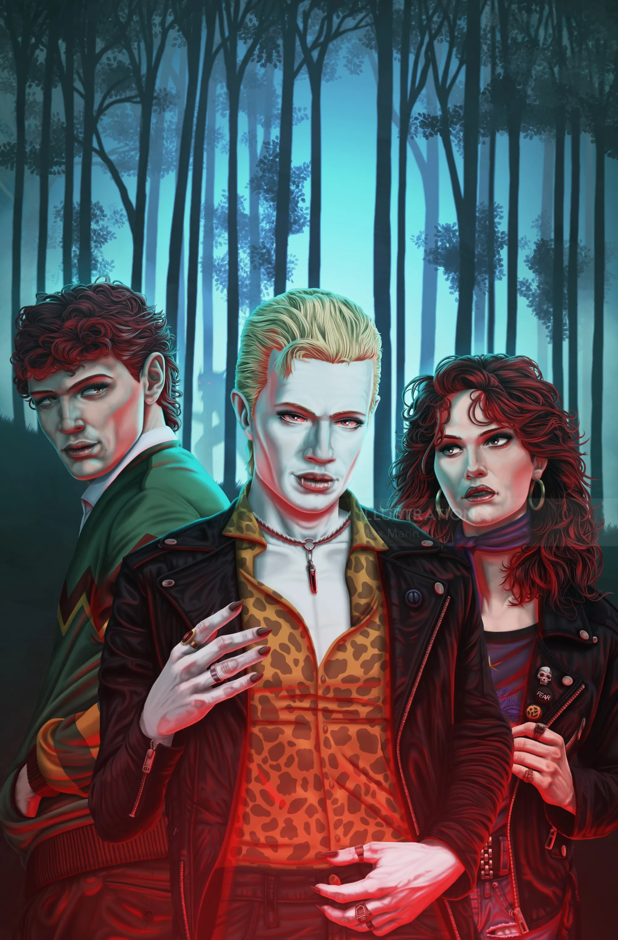 Max Marin artwork showing three gothic figures in a dark forest