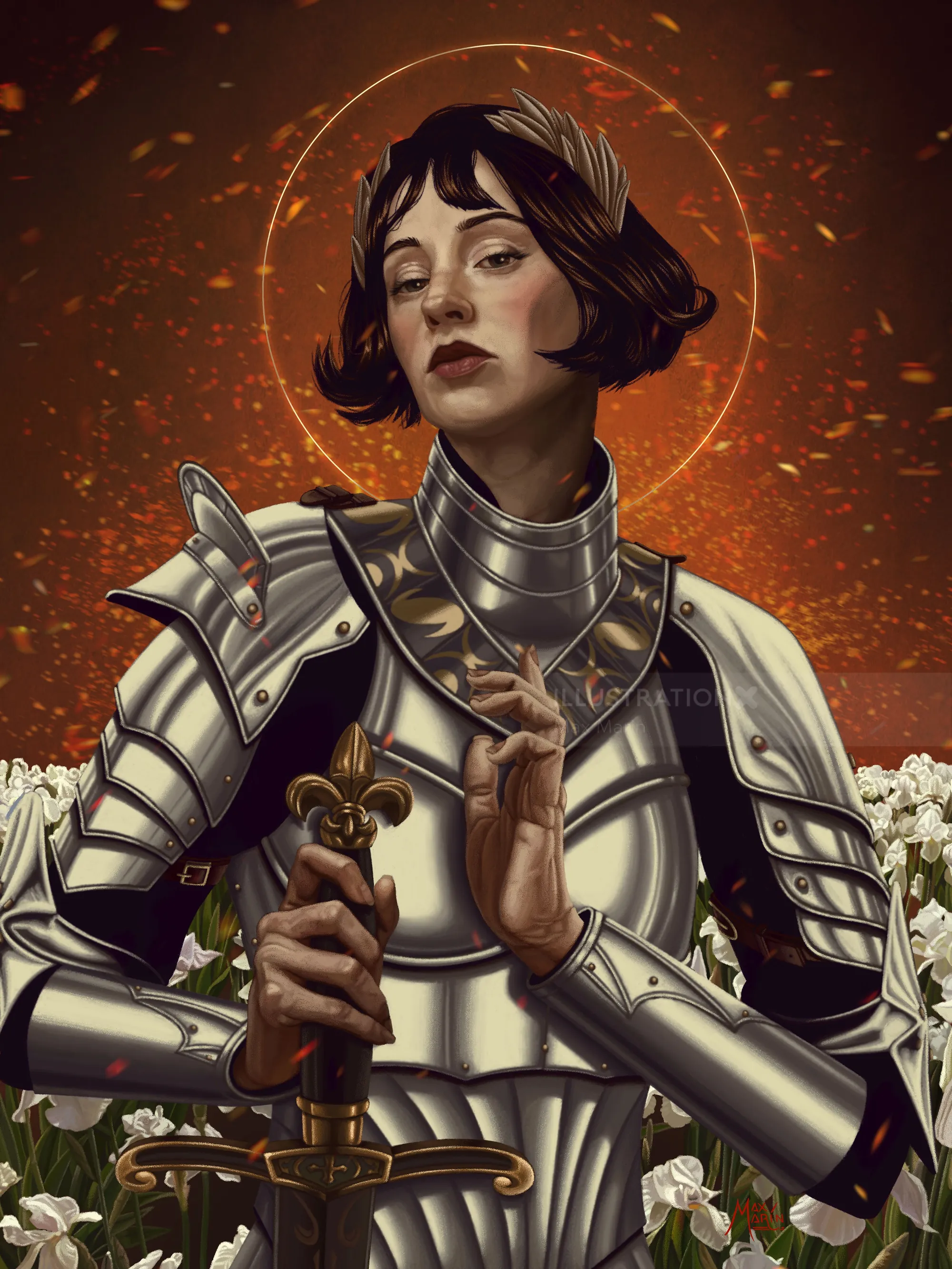 Joan of Arc in armor, illustrated by Max Marin.