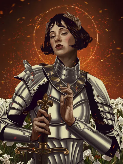 Joan of Arc in armor, illustrated by Max Marin.