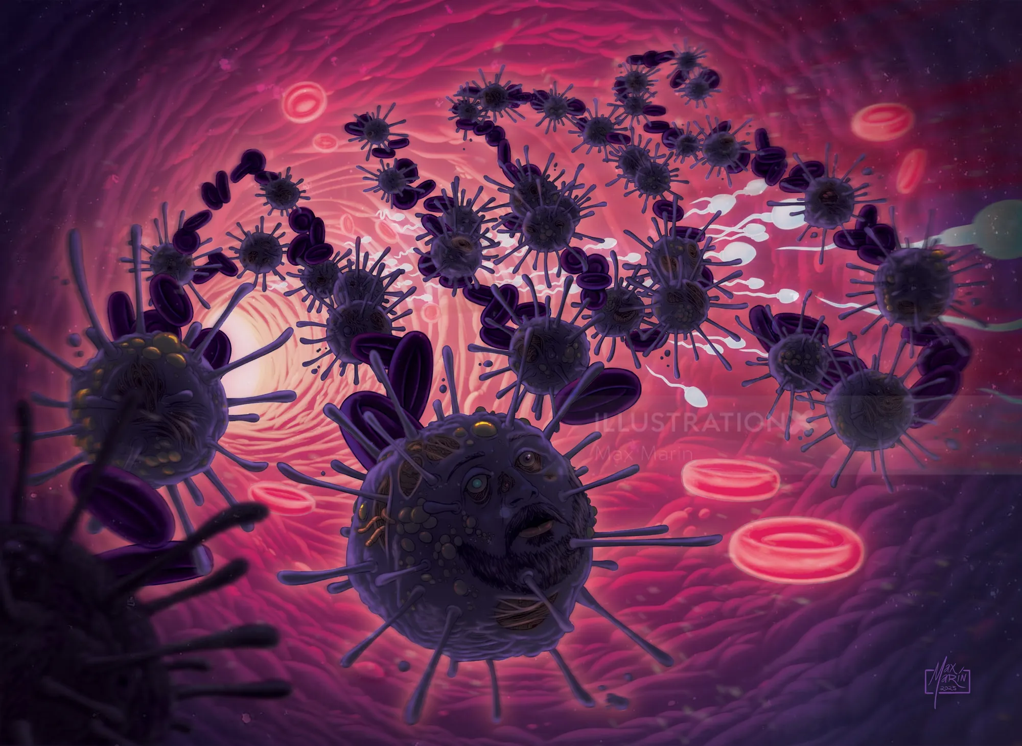 Max Marin artwork depicting dark virus particles in a vivid red microscopic scene