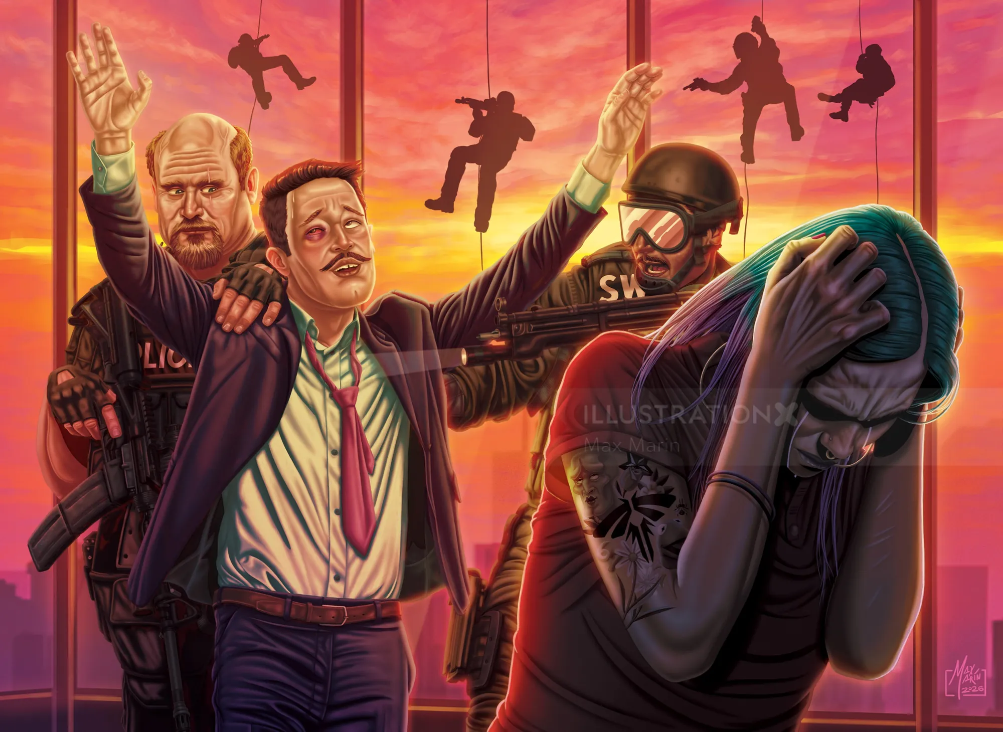 Max Marin illustration of a tense crowd scene with a distressed victim