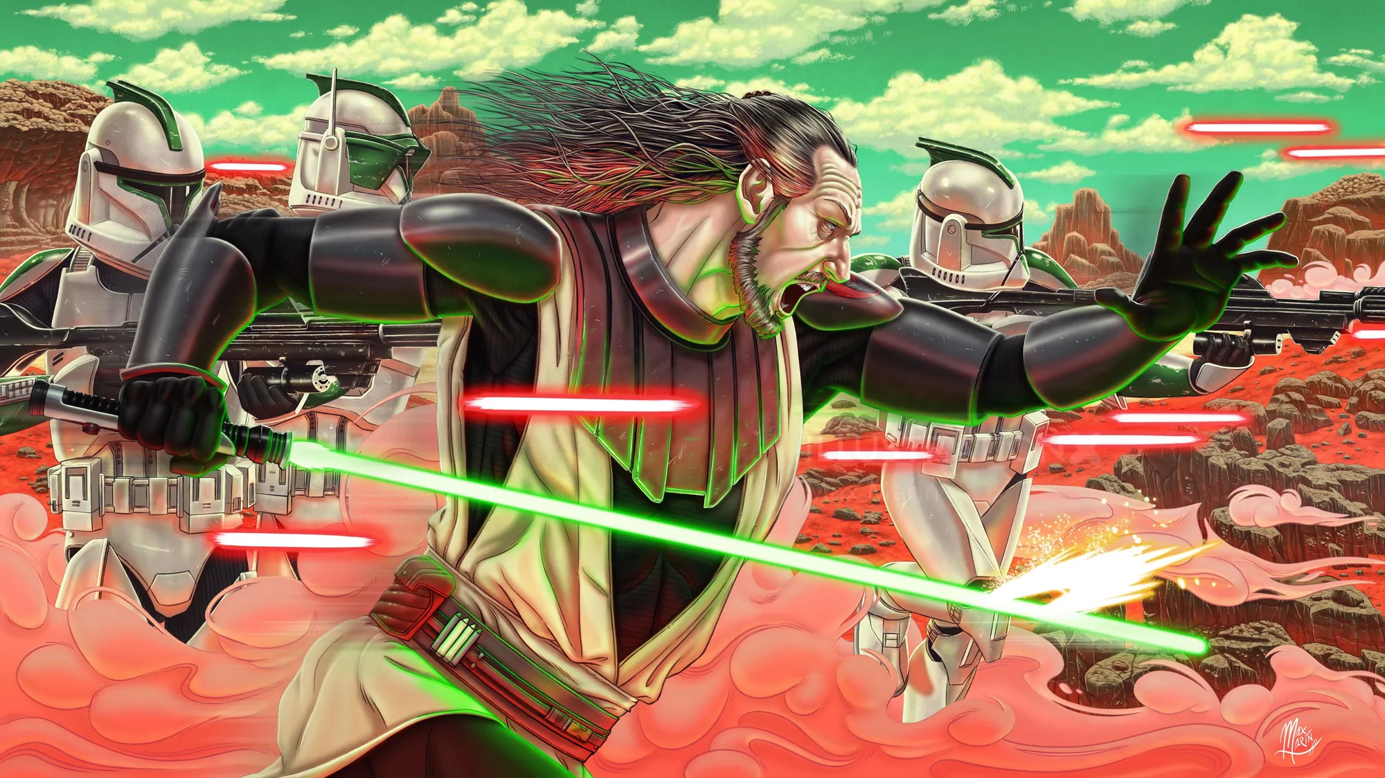 Max Marin's Star Wars trading card art depicts a lightsaber battle