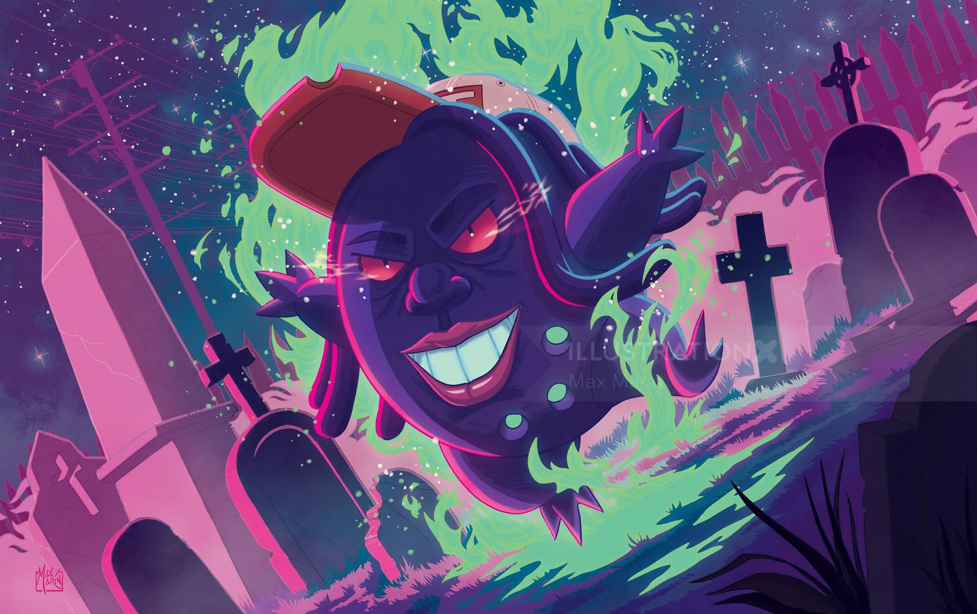 Max Marin artwork of a grinning purple Goutmon character amid colorful graveyard ruins