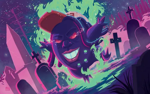 Max Marin artwork of a grinning purple Goutmon character amid colorful graveyard ruins