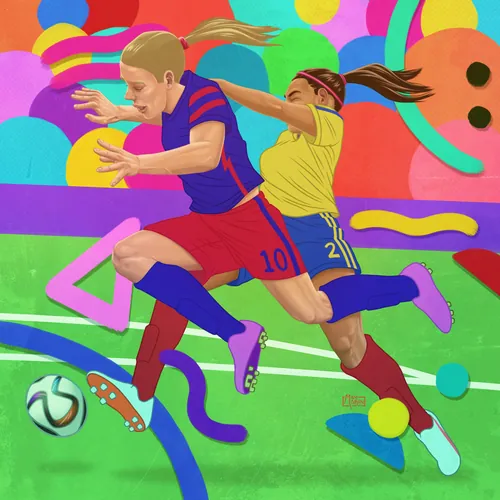 Max Marin artwork showing two women playing soccer on a colorful field