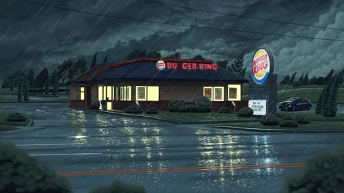 Rain-soaked Burger King restaurant at night, painted by Max Marin.