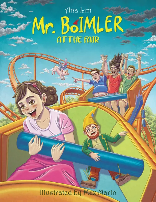 Children enjoying a colorful fairground ride on Max Marin's illustrated book cover.