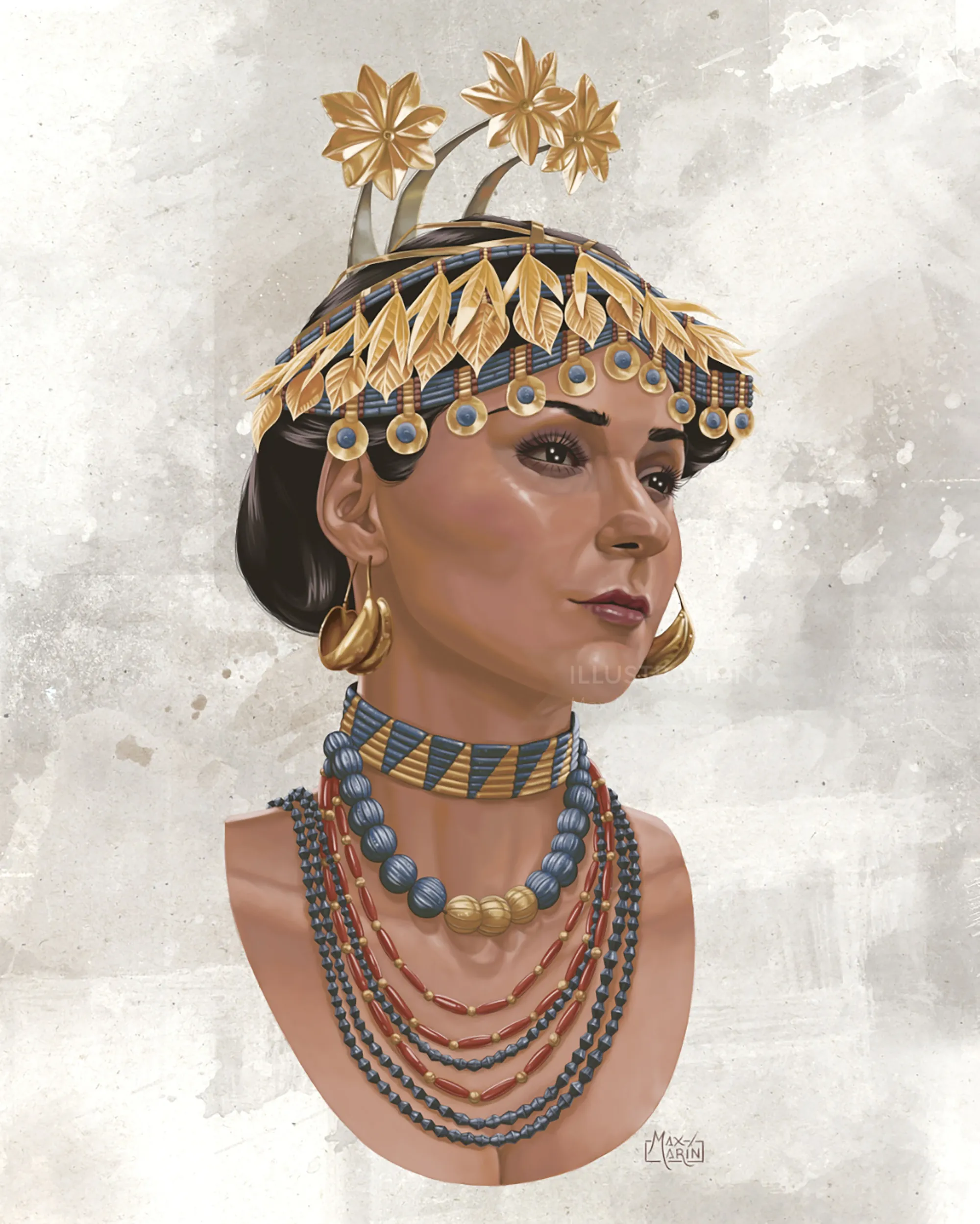 Max Marin artwork of a woman wearing a Sumerian jewelry headdress