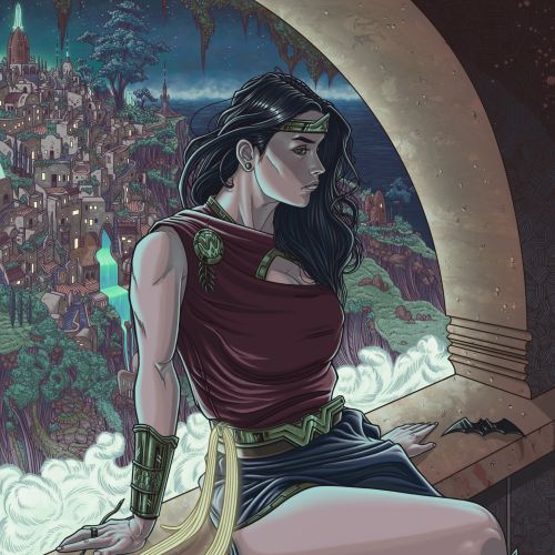 Wonder Woman artwork by Max Marin overlooking a fantasy city