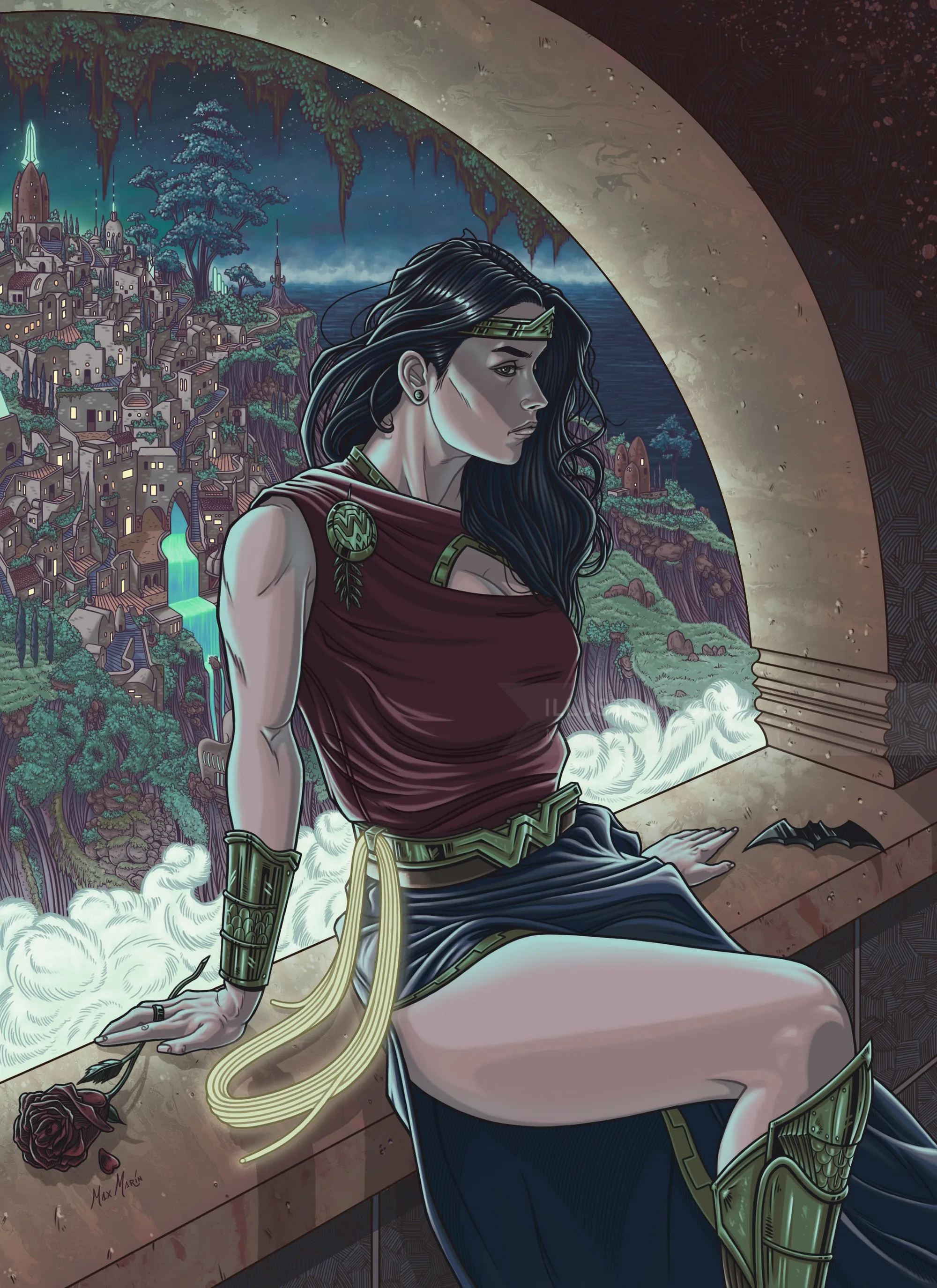 Wonder Woman-Illustration von Max Marin mit Blick auf eine Fantasiestadt