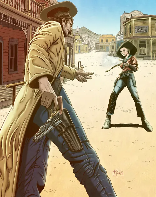 Max Marin illustration of a cowgirl facing a cowboy in a dusty Western street
