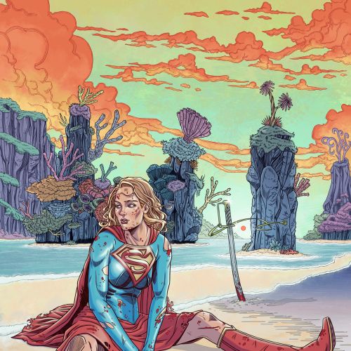 Supergirl on an alien shore, illustrated by Max Marin