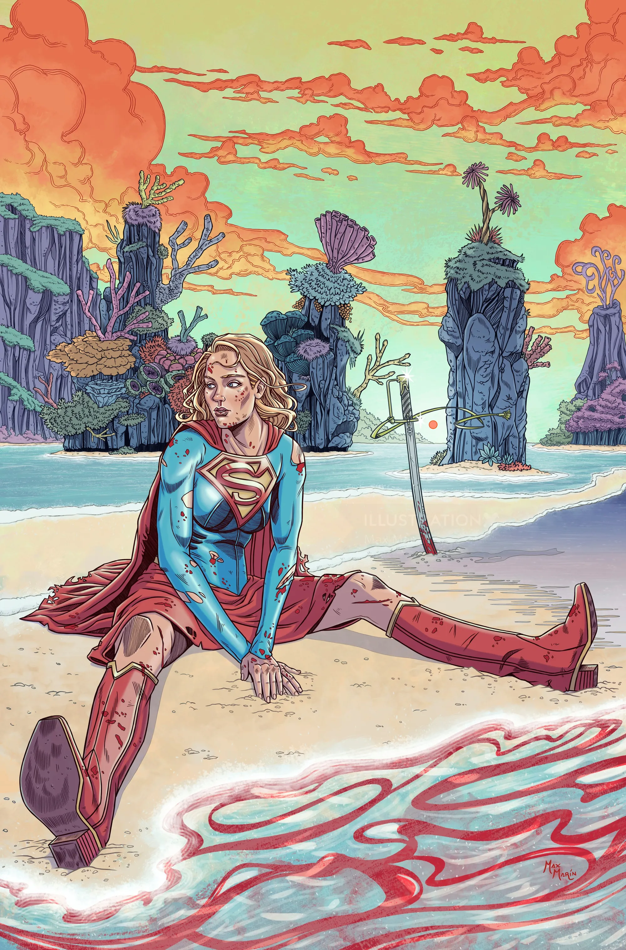 Supergirl on an alien shore, illustrated by Max Marin